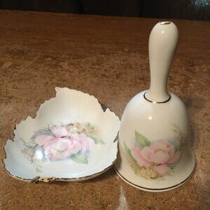 CROWN ROYAL FINE PORCELAIN BELL & LEAF DISH WITH FLOWER DESIGN